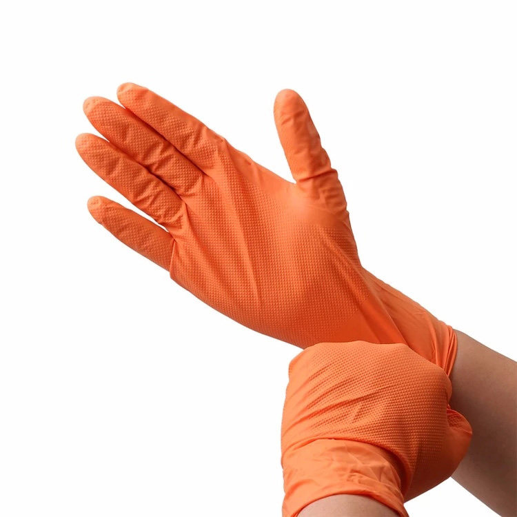 Long Orange Nitrile Disposable Gloves Diamond Pattern Multipurpose
